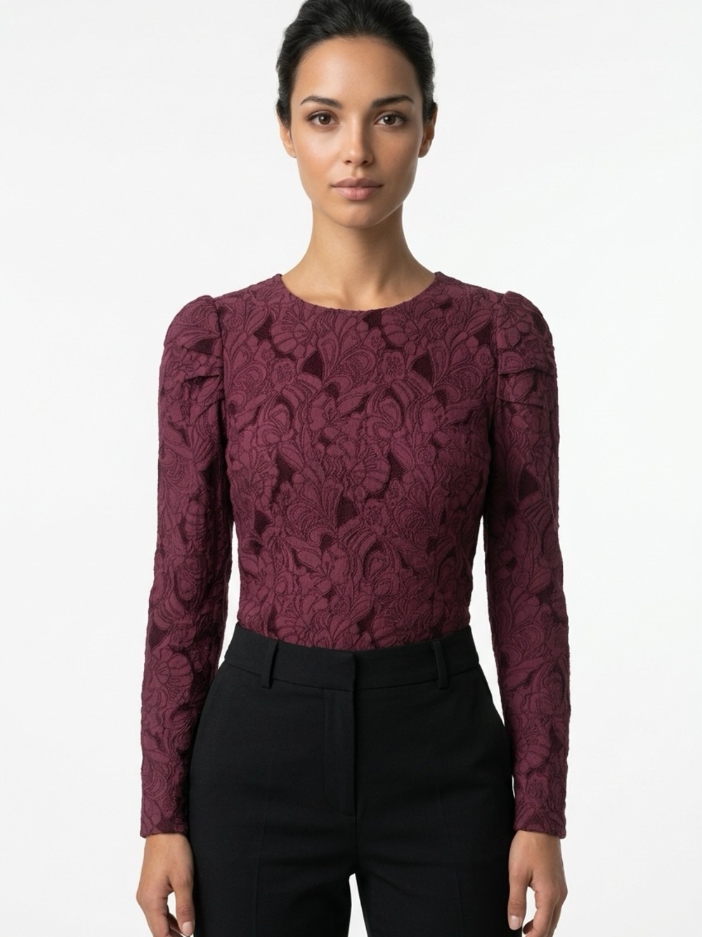 MARIE OLIVER | NEW Ingrid Merlot Lace Style Long-Sleeve Top Women’s Size X-Small